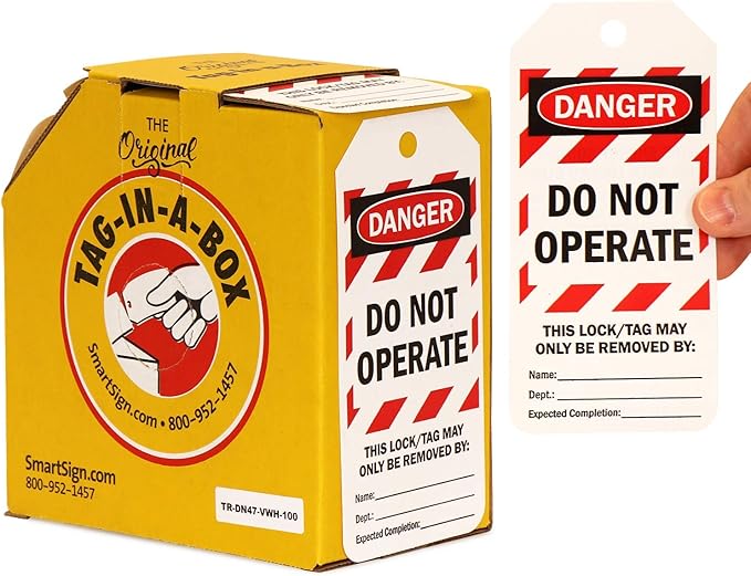 SmartSign Pack of 100 “Danger - Do Not Operate” 2-Sided Lock Out Safety Tags in Dispenser Box | 3" x 6.25" Plastic, Red White Stripes