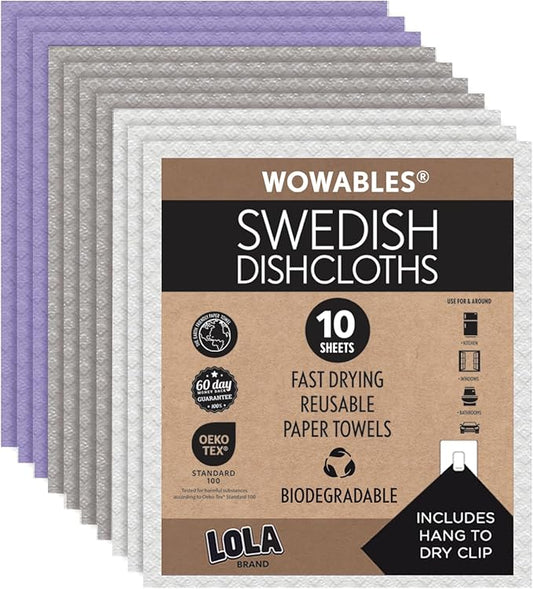 LOLA Swedish Dishcloths, 10 Sheets Biodegradable Reusable Paper Towels Absorbent Kitchen Sponge Cloths Zero Waste No Odor, Made in Germany