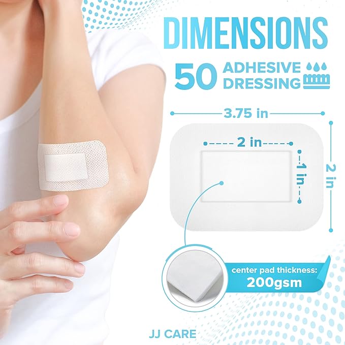 JJ CARE Adhesive Island Dressing [Pack of 50], 2x3.75 Sterile Bordered Gauze, Breathable Island Wound Dressing, Individually Wrapped Adhesive Gauze Bandages with Non-Stick Central Pad