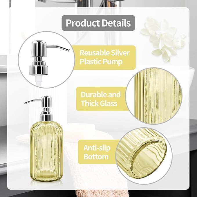 18 Oz Glass Soap Dispenser with Stainless Steel Pump, Modern Ribbed Design Refillable Liquid Soap Bottle for Bathroom, Kitchen, Hand Soap, Dish Soap, or Lotion (Yellow)