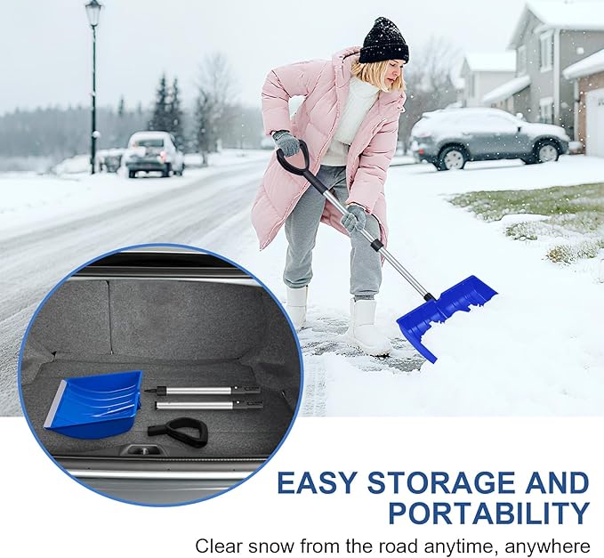 Ergonomic Large Snow Shovel for Driveway: 48-Inch Dual-Lock Knob Anti-Wobble Handle, 16" Plastic Blade w/Metal Edge, Ultra-Light 1.9 lb, Portable Aluminum Shaft, Car, Camping & Emergency, Blue
