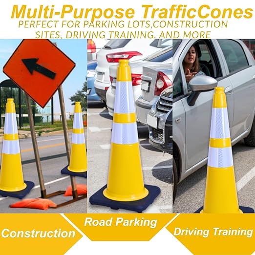 BESEA 4PACK 28 inch Traffic Safety Cones Yellow Road Parking Cones 28" Heavy Duty Construction Cone Structurally Stable for Traffic Control at Public Place(4PCS)