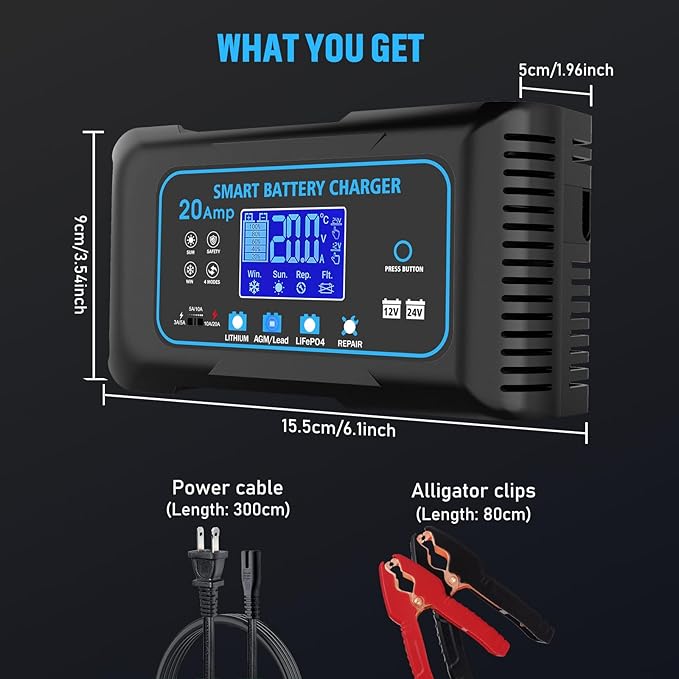 20 AMP Battery Charger, 12V/24V Lead-Acid, Lithium, LiFePo4 Smart Battery Charger, Trickle Charger, Fully Automatic Chargers and Maintainer for Car, Motorcycle, Lawn Mower