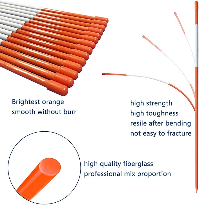 Snow Stakes Driveway Markers Snow Plow Stakes Garden Stakes Fiberglass Orange with Reflective Tape Suit for Snow Plowing Driveway, Parking Lots, Outdoors (50, 48" x 1/4")