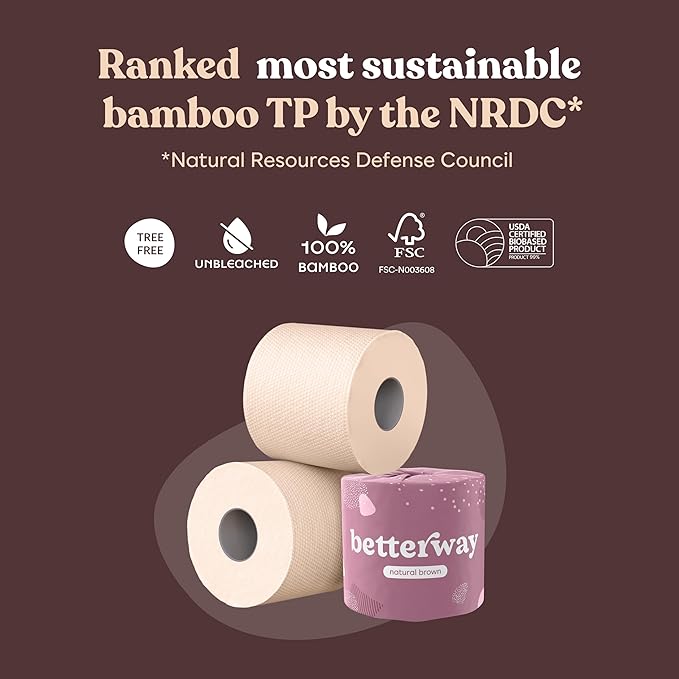 Betterway Unbleached Bamboo Toilet Paper Rolls - Eco-Friendly 3 Ply Toilet Tissue - 36 Long-Lasting Rolls - 360 Sheets/Roll - Organic, FSC Certified, Septic Safe TP - Lint-Free, PFAS-Free Bath Tissue