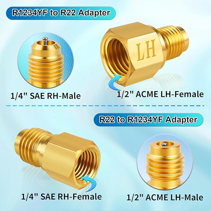 Boltigen R1234YF Refrigerant Tank Adapters, R12 to R1234YF Adapter Connector, 1/2 LH to 1/4 Flare R1234YF Vacuum Pump Adapter Fittings with Valve Core Remover