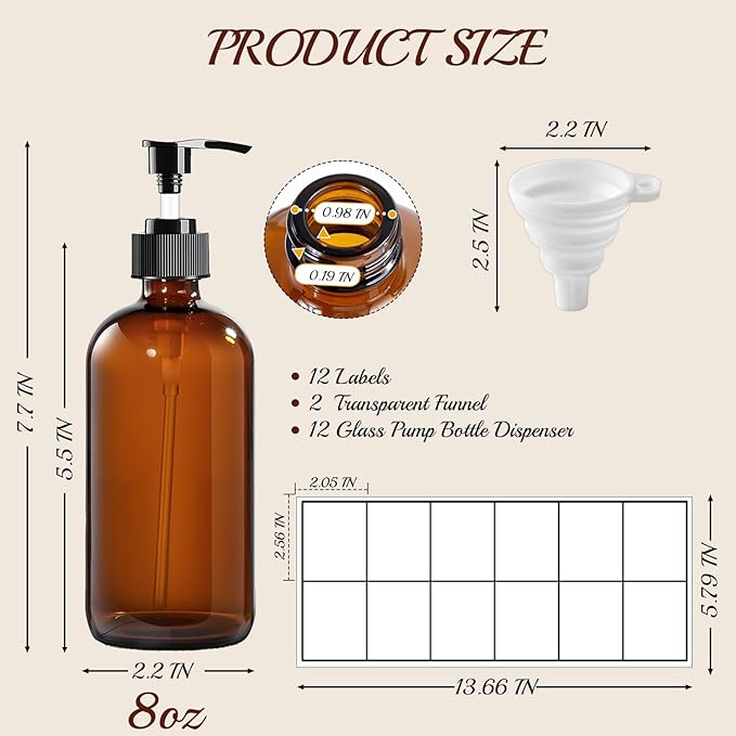 12 Pack Amber Glass Bottles 8oz with Pump Dispensers, Refillable Empty Pump Bottles for Bathroom, Kitchen, Shampoo, Soap, Lotion – Includes 2 Funnels & 12 Labels