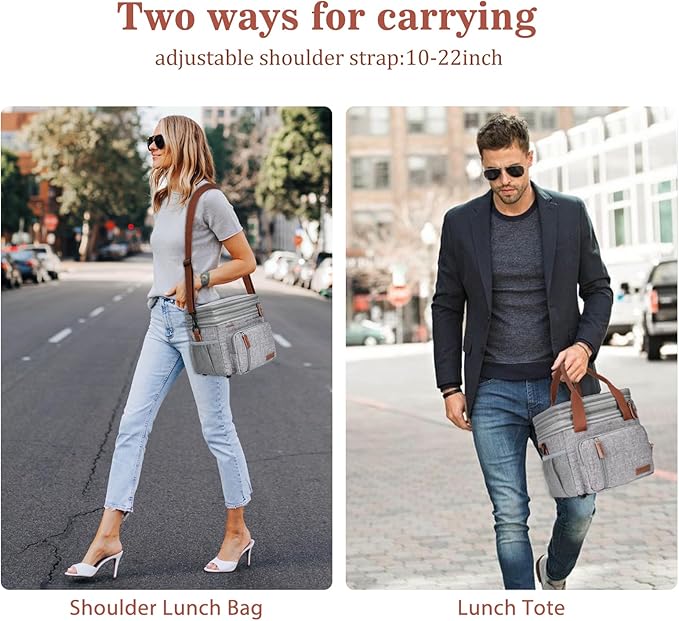 LOKASS Lunch Box & Lunch Bag for Women Men, Expandable Insulated Adult Lunch Box Leakproof Cooler Bag with Adjustable Shoulder Strap, Reusable Womens Lunch Bags for Work Picnic Beach, 16L, Grey