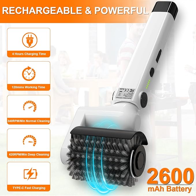 HHXRISE Electric Grill Brush for Outdoor Grill: Rechargeable BBQ Grill Cleaner with 2 Heads (Steel Wire & Flame Resistant Sponge) - 2-Speed - 90°Adjustment - Effortless Grill Grates Cleaning