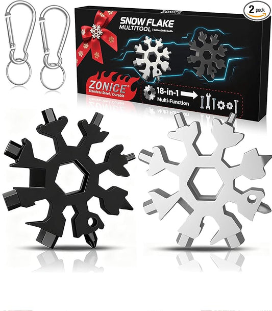 Christmas Gifts for Men 2025 - Stocking Stuffers for Him,18-in-1 Snowflake Multi Tool 2 Pack,Stainless Steel Multitool with Carabiner & Bottle Opener,Holiday Gift for Dad,Husband,Brother(Silver+Black)