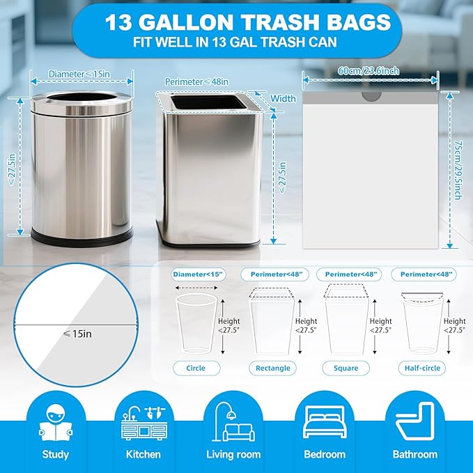 13 Gallon Trash Bags Drawstring- 90 Counts Medium Trash Bag Extra Strong, Medium Garbage Bags 13 Gallon Unscented, Stretchy, Quick Cinch for Office Kitchen, White