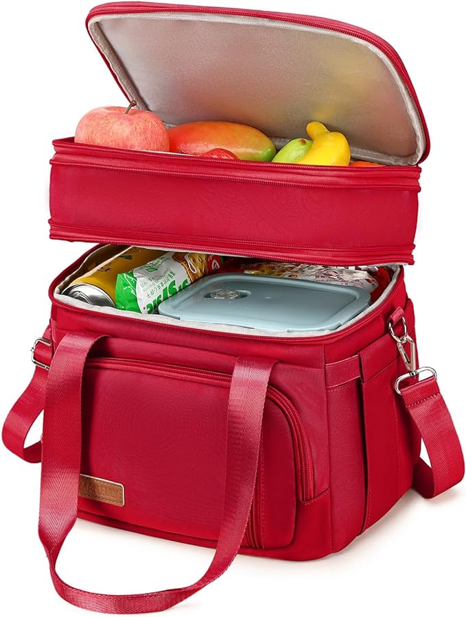 Lunch Box for Men Women - Double Deck Insulated Lunch Bag, Large Leak Proof Tote Cooler, Wide Open Dual Compartment Lunch Bags with Shoulder Strap, For Work Picnic Hiking Beach, Red