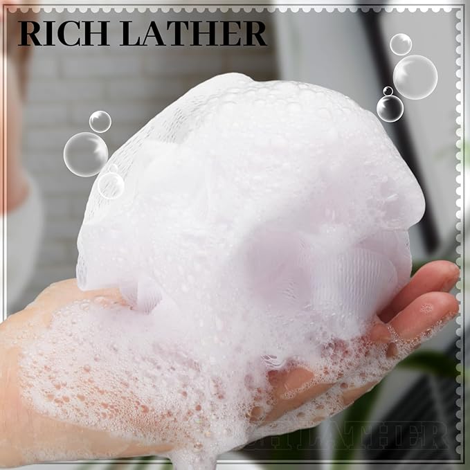 12 Pcs Travel Size Loofah Individually Wrapped, Small Shower Puff Bath Sponge Pouf Ball Bulk Mesh Bath Puff Mini Loofah Sponge with Case Bulk for Shower Care (25g,White)