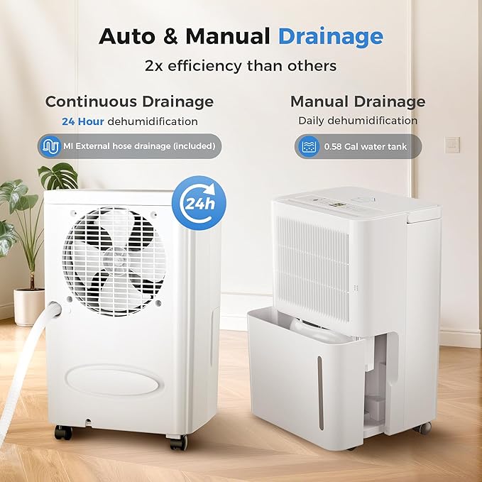 2,500 Sq Ft Portable Home Dehumidifier with Drain Hose, 74 OZ Water Tank, 24 Hr Timer, 3 Modes High Efficiency Compressor for Basement, Bedrooms, Bathrooms and Laundry Rooms