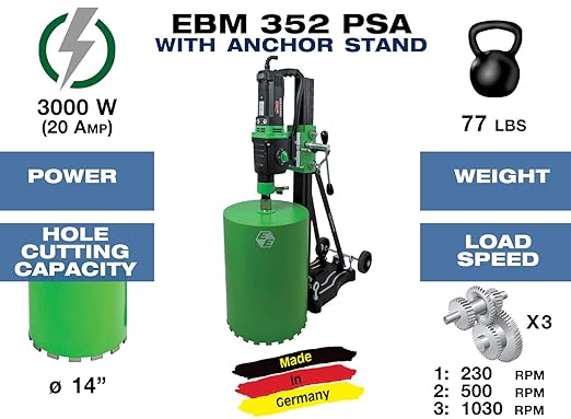 CS Unitec | EBM 352/3 PSA | 14" Capacity, 110 V, Concrete Core Drilling Rig with Anchor Stand. Wet Diamond Core Drill - 3-Speed for Concrete, Brick, Block, Asphalt, and Stone - Made in Germany