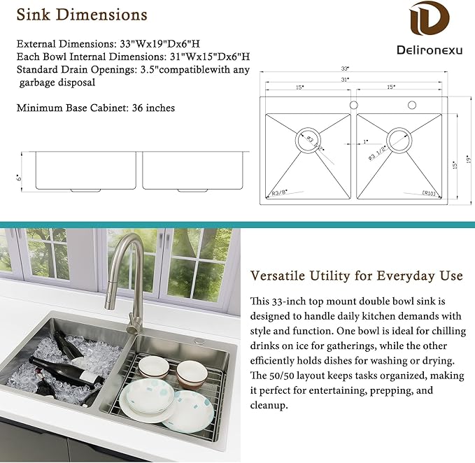 33 Inch Double Bowl Kitchen Sinks Drop In – Delironexu 16 Gauge Stainless Steel Kitchen Sink Double Bowl, 33x19 Drop In Double kitchen sink with Brushed Finish, 6 Inch Deep 50/50 Overmount Sink