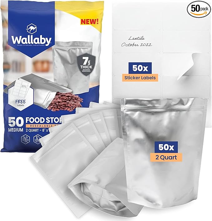 Wallaby 50 Count 2-Quart Gusset Mylar Bags with Labels, 14 Mil Total Thickness Long-Term Food Storage Pouches, 15x12 Stand-Up Zipper Heat-Sealable Airtight Packaging - Silver
