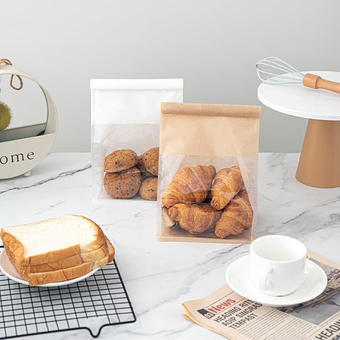 50 Pcs Bread Bags for Homemade Breads with Window, 6.3 x 5.1 x 10.3 Inch Tin Tie Tab Lock Resealable Bakery Loaf Bags for Packaging Sourdough Bread, Cookies, Bagels, Pastry
