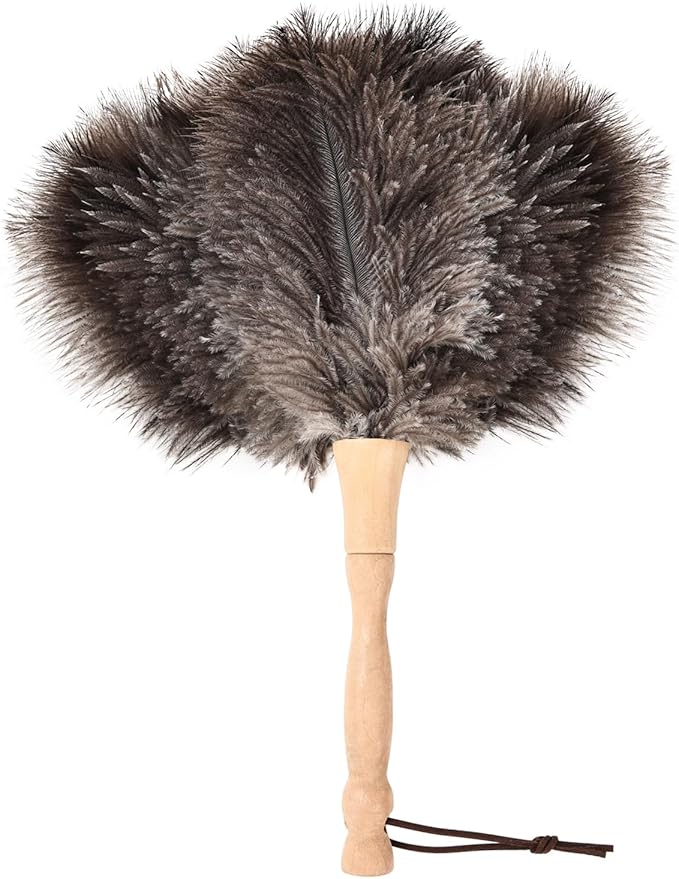 Ostrich Feather Duster 12 Inch Handheld Duster Supplies, Wooden Handle Feather Duster for Cleaning Keyboard Home Car Office (Natural)
