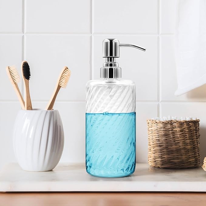 18 Oz Ribbed Glass Soap Dispenser with Stainless Steel Pump, Refillable Liquid Soap Bottle for Bathroom, Kitchen, Hand Soap, Dish Soap, or Lotion