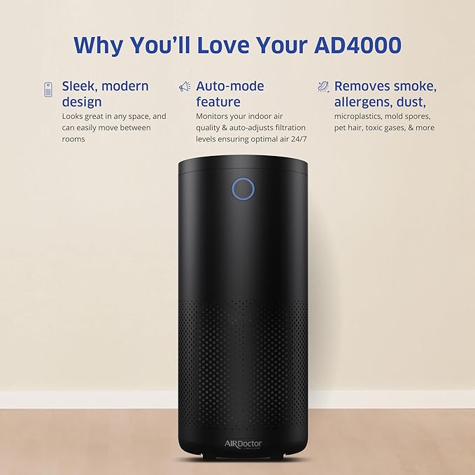 AirDoctor 4000 Air Purifier for Large Rooms | Triple filtration technology with UltraHEPA, Carbon/VOC material & Air Quality Sensor | Captures Particles 100x Smaller Than HEPA Standard