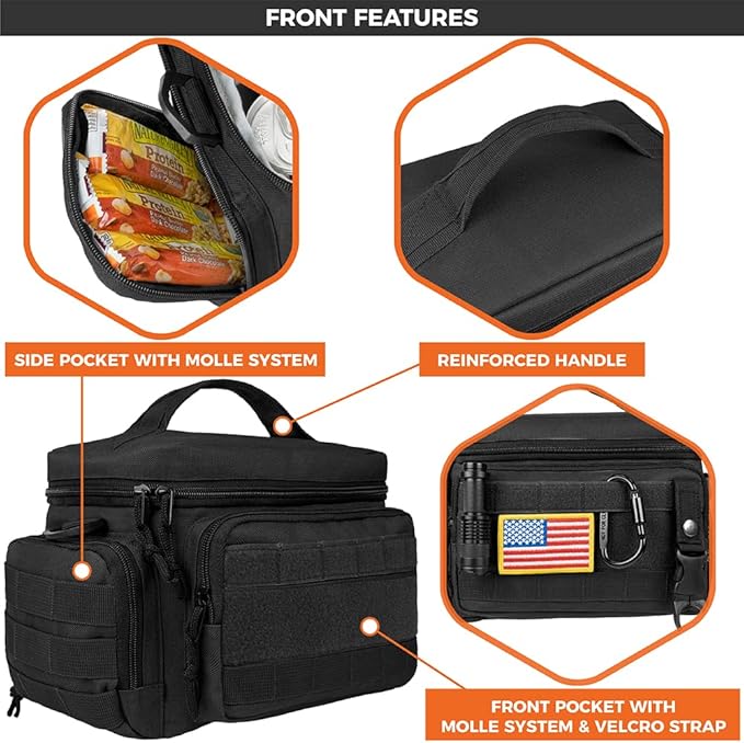 opux Tactical Lunch Box for Men, Black Mens Insulated Lunch Bag for Adult, Leakproof Soft Lunch Cooler with MOLLE Mesh Side Pockets, Multicam Heavy Duty Lunchbox Pail for Work Women, Medium 10 Cans