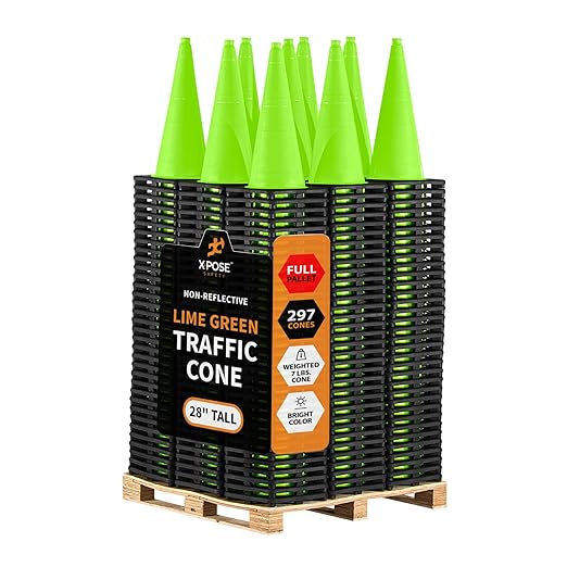 Xpose Safety 28 Inch Lime Traffic Cones - Bulk Full Pallet 297 Pack - Premium PVC Safety Cone for Parking, Caution, Construction, Road Crews, Emergency Vehicle - DOT Approved