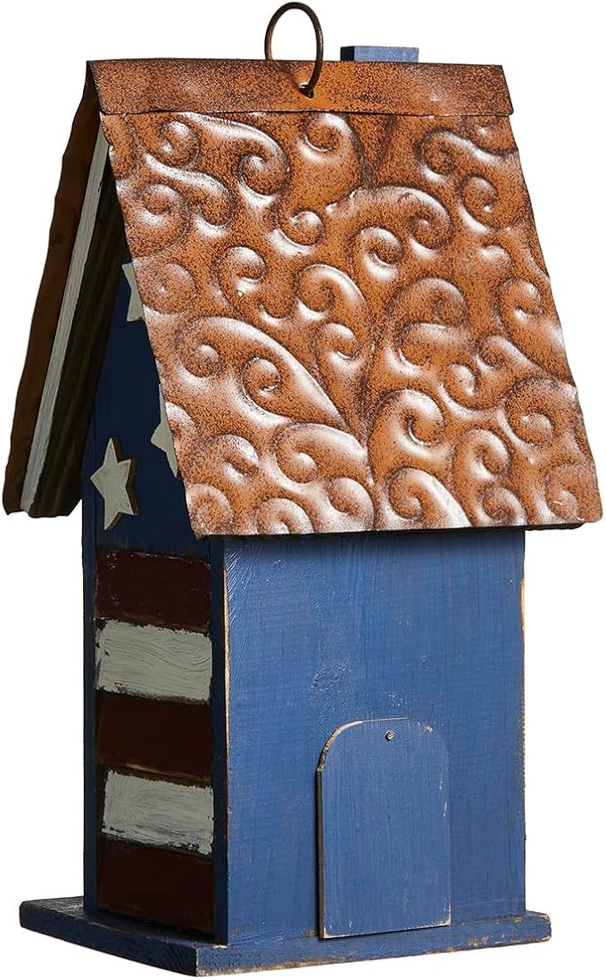 Glitzhome 12.25" H Patriotic Distressed Birdhouse for Outdoors, Solid Wood Villa Decorative Pet Cottage Outdoor Hanging Birdhouse with 3D Star for Garden Patio Backyard