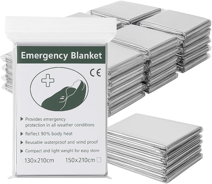 50 Pack Emergency Foil Blankets 51” x 83” – Thermal Mylar Survival Blankets Individually Wrapped for Outdoors, Camping, Hiking, First Aid, Emergency Preparedness & Homeless Outreach