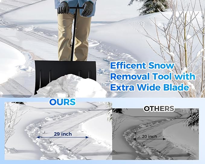 GarveeLife 29" Snow Shovel Pusher for Driveway, Heavy Duty Metal Wheeled Snow Plow with Adjustable Handle&Angled Blade,Ergonomic Single Rod Snow Removal Tool for Doorway/Sidewalk(Black