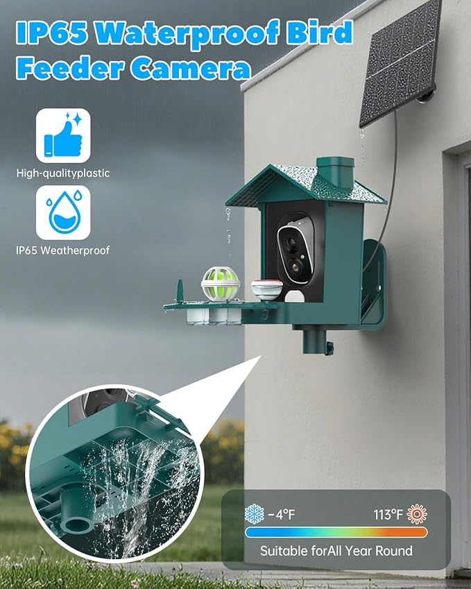 Smart Bird Feeder Camera Solar Powered, 2K Video Birdfeeder with Camera for Outdoor, 2.4Ghz WiFi AI Recognition Bird Cam, Instant Arrival Alert, IP65 Full Waterproof, Xmas Gifts for Birdlover Dad Mom
