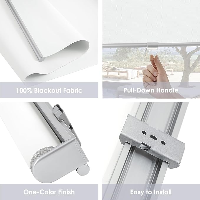 Cordless 100% Blackout Roller Shades for Windows,UV Protection Pull Down Shades,Room Darkening Door Blinds Thermal Insulated Fabric for Home Office and Bedroom(46" W x 72" H,White)