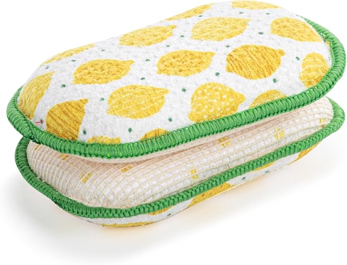 Demdaco Absorbent Reversible Mesh Sponge, Dish Cleaning Supplies, 3 x 5 Inch Polyester, Lemon Pattern - Pack of 2