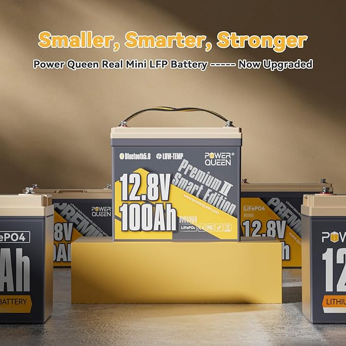 Power Queen 12V 100Ah Mini LiFePO4 Battery with Bluetooth, Low Temp Cut-off, 12V Lithium Battery 100A Smart BMS, Support Monitoring Battery via Phone Bluetooth, 15000 Cycles for RV, Solar, Marine