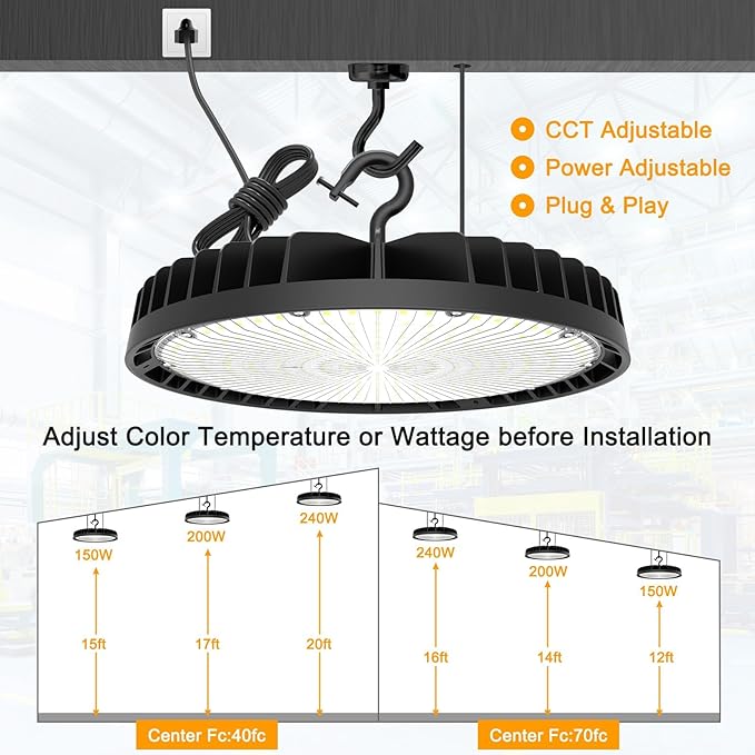UFO LED High Bay Light 240W 190W 140W Adjustable High Bay LED Shop Lights 4500K 5000K 5700K Tunable 0-10V Dimmable for Warehouse Garage ETL DLC Listed AC100-277V (2 Pack)