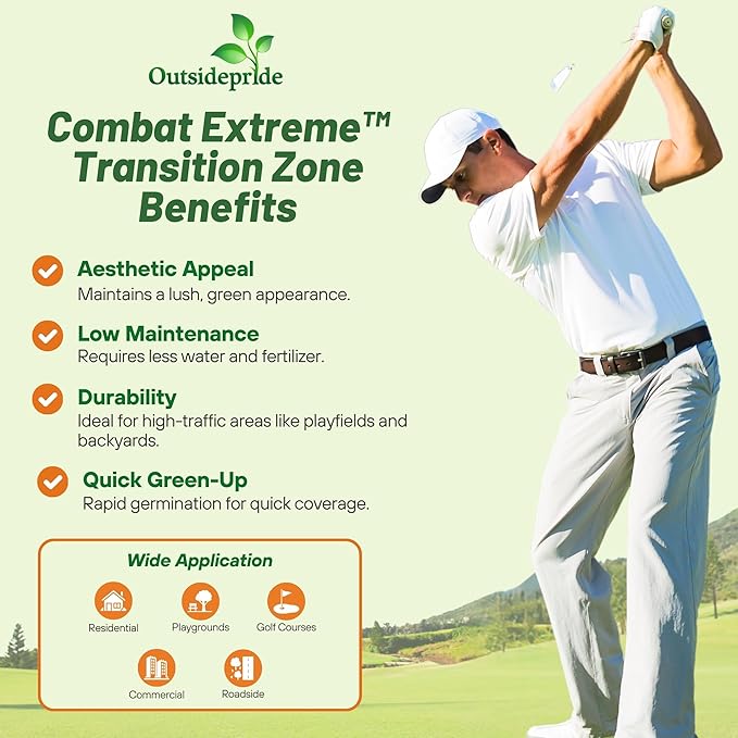 Outsidepride Combat Extreme Transition Zone Grass Seed Blend for Lawn 50 lbs - Fine, Medium Leaf Blades & Dense Turf for Sun, Shady & High Traffic Areas w/OptiGrowth Coating for Seed Enhancement