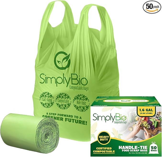 Simply Bio 1.6 Gallon Compostable Trash Bags Liners Handle, Heavy Duty Extra Thick 0.6 Mil, 6.06 Liter, 50 Bags, Small Kitchen Food Scrap Waste Bag, ASTM D6400, US BPI and OK Compost Home Certified