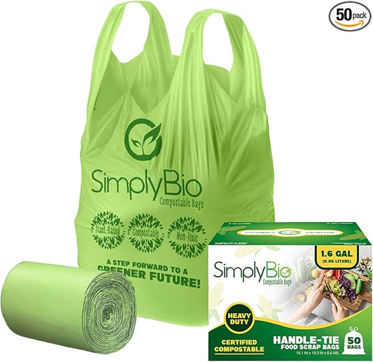Simply Bio 1.6 Gallon Compostable Trash Bags Liners Handle, Heavy Duty Extra Thick 0.6 Mil, 6.06 Liter, 50 Bags, Small Kitchen Food Scrap Waste Bag, ASTM D6400, US BPI and OK Compost Home Certified