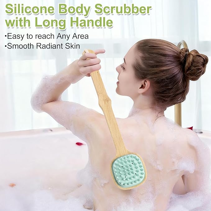 Silicone Back Scrubber for Shower, Silicone Bath Body Brush Loofah with Long Handle, Dual-Sided Shower Brush for Body, Lake Blue Exfoliating Body Scrubber for Men Women, Back Washer for Men with Hook