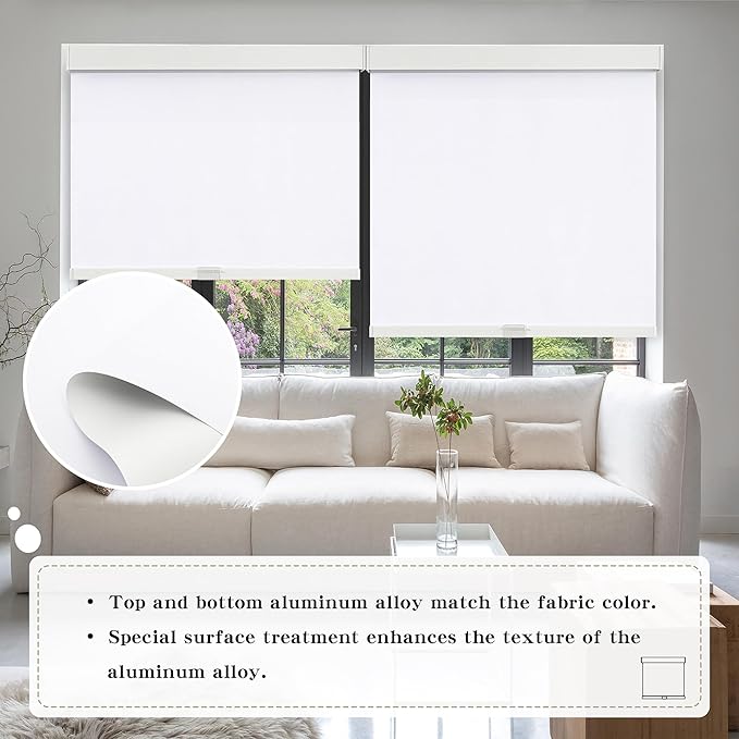 Cordless Blackout Roller Shades Blinds for Windows Free-Stop,Pull Down Room Darkening with Valance,Thermal Insulated Woven Fabric Window Door Blinds for Home,Office,White 49" W x 72" L