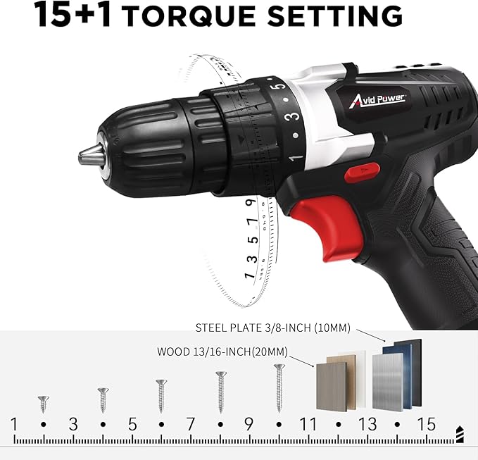 AVID POWER 20V MAX Lithium lon Cordless Drill, Power Drill Set with 3/8-Inch Keyless Chuck, Variable Speed, 16 Position and 22pcs Bits (Black)