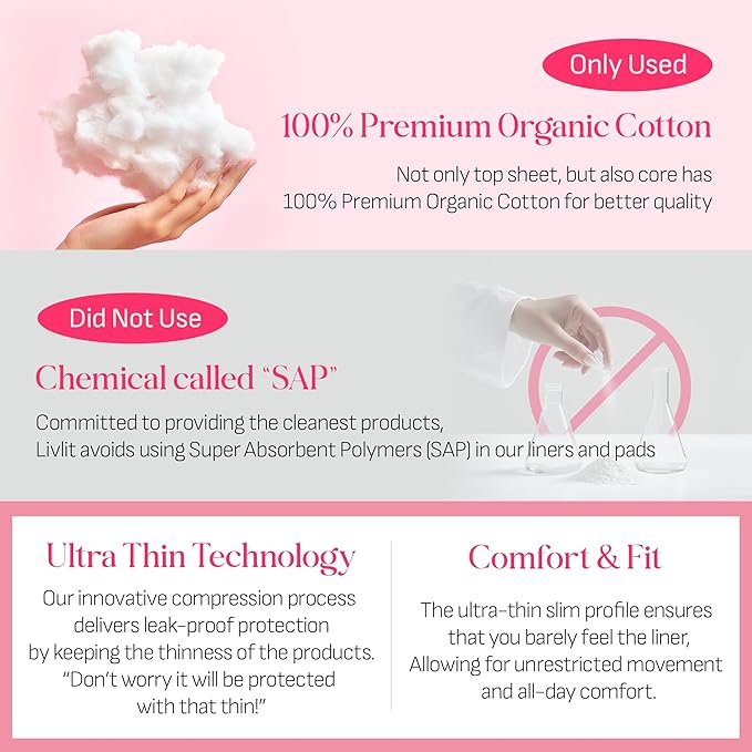 Livlit Ultra Thin Panty Liners Sanitary Pads, 100% Certified Organic Cotton from Texas, Light Absorbency, Chlorine Free, Unscented, Hypoallergenic Panty Liners for Women (40 Count)