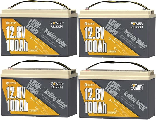 Power Queen 4Pack 12.8V 100Ah Trolling Motor LiFePO4 Battery, Low Temperature Cut-off Function, Built-in 100A BMS, Grade A Battery Cell, Up to 15000+ Cycles