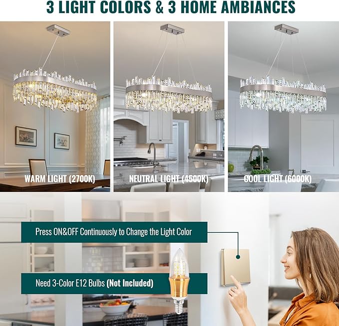Siljoy Rectangular Crystal Chandelier for Dining Room, 16 Lights Modern Chrome 2-Tiers K9 Crystal Raindrop Chandelier Oval Dimmable Pendant Ceiling Light for Kitchen Island Bar L35.4 Inch