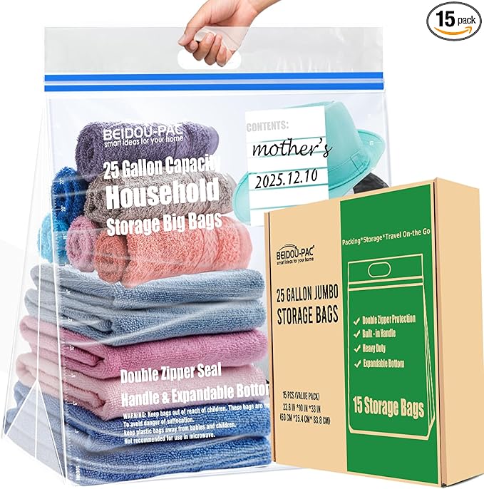 25 Gallon Jumbo Storage Bags with Handle, 15 Count | Double Zipper Seal | Expandable Bottom, Resealable Clear zip Bags for Home, Travel, Moving, Commercial and Outdoor
