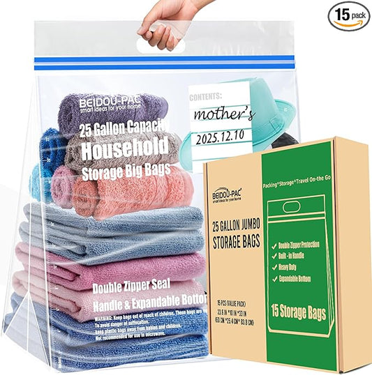 25 Gallon Jumbo Storage Bags with Handle, 15 Count | Double Zipper Seal | Expandable Bottom, Resealable Clear zip Bags for Home, Travel, Moving, Commercial and Outdoor