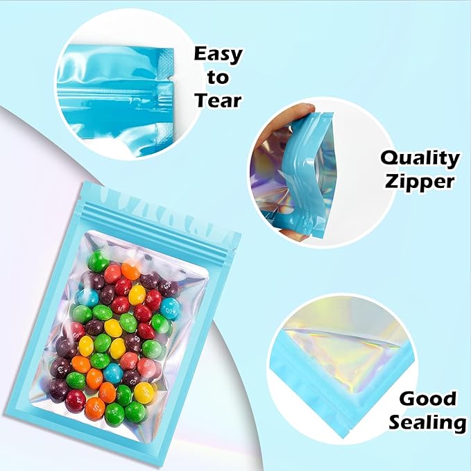300 Pcs Holographic Mylar Bags, 3 Size Smell Proof Bags with Clear Window Foil Pouch Bags Resealable Bags for Small Business and Food Storage, Blue