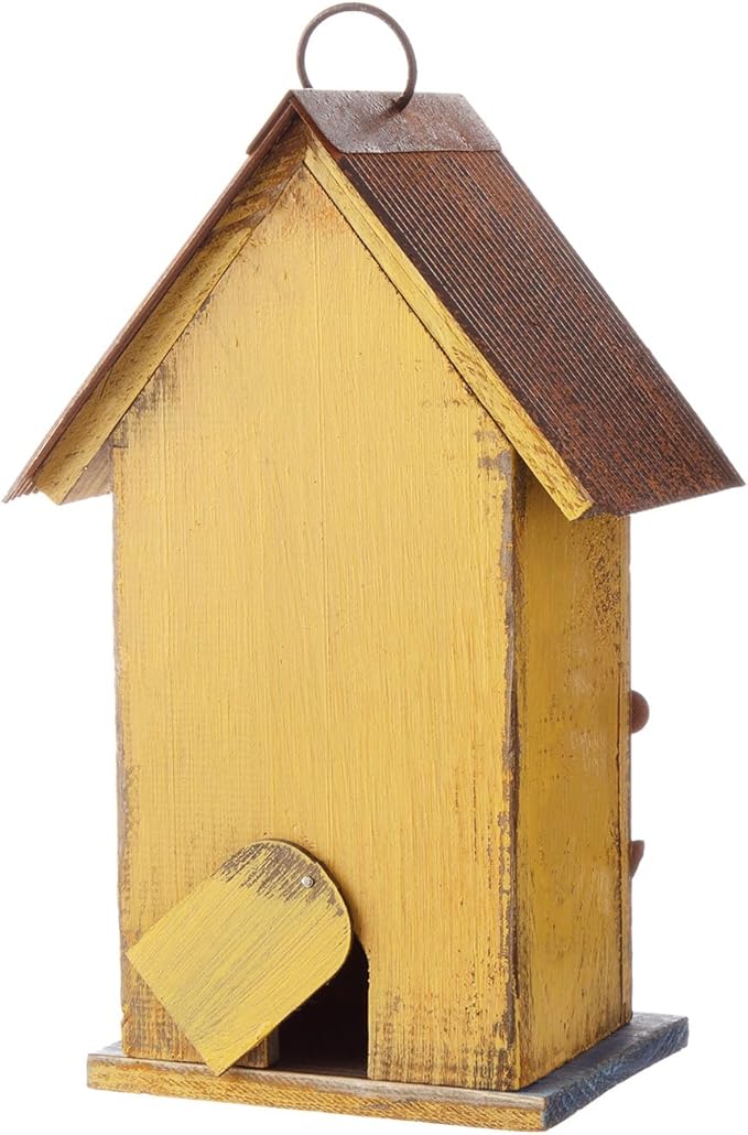 Glitzhome 10.2" H Hanging Bird House for Outdoor Patio Garden Decorative Birdhouse Pet Cottage Distressed Wooden Birdhouse, Yellow Flower