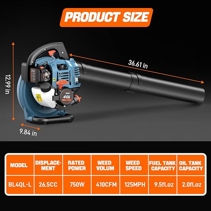SENIX 4QL 26.5 cc 4-Cycle Handheld Gas Powered Leaf Blower for Lawn Care Clean Up, Up to 410 CFM and 125 MPH, Light Weight, Dual Grip Handle, BL4QL-L, Blue
