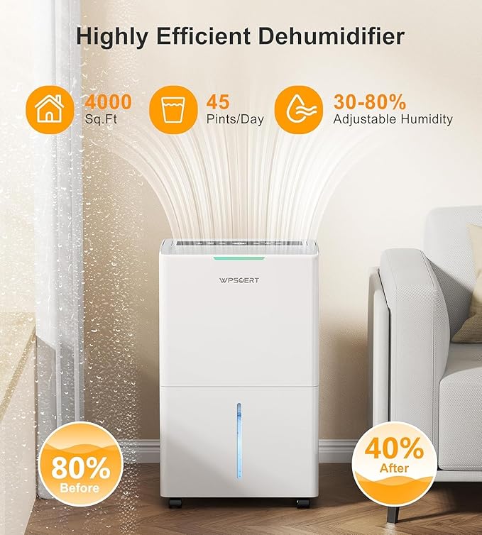 4000 sq.ft Dehumidifier for Basement with Drain Hose, 45 Pint Dehumidifiers for Home, Smart Compressor Dehumidifies for Large Room, Bedroom, 3 Modes, Intelligent Humidity Control, Auto Defrost